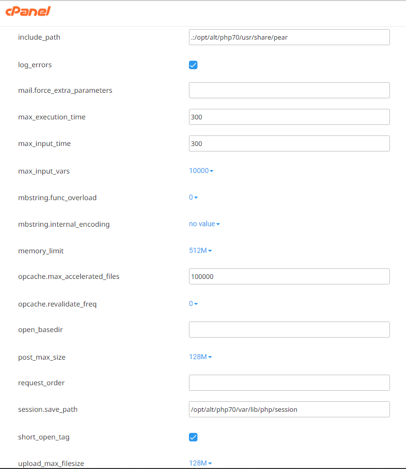 cPanel opcje PHP