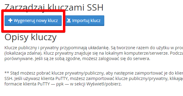 cPanel klucze SSH