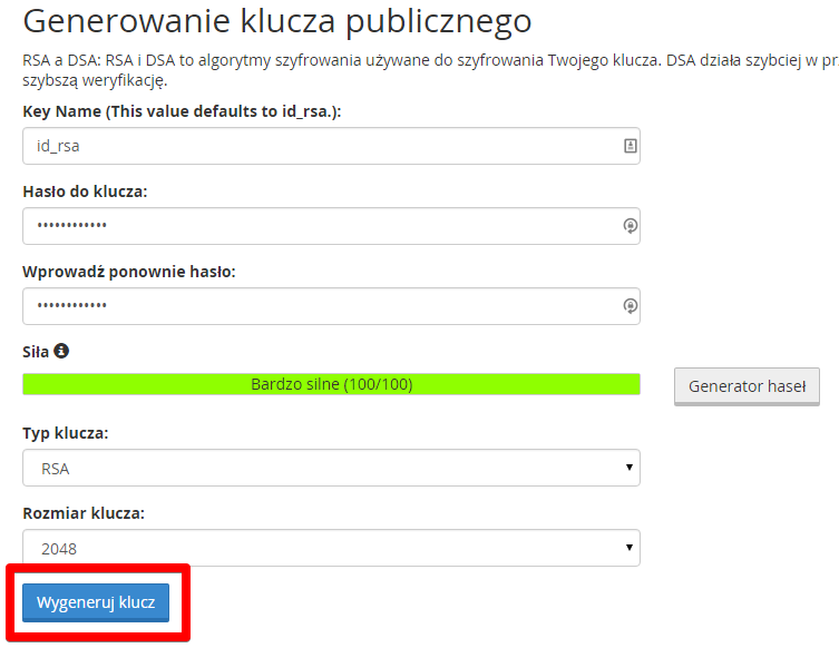 cpanel generowanie klucza publicznego