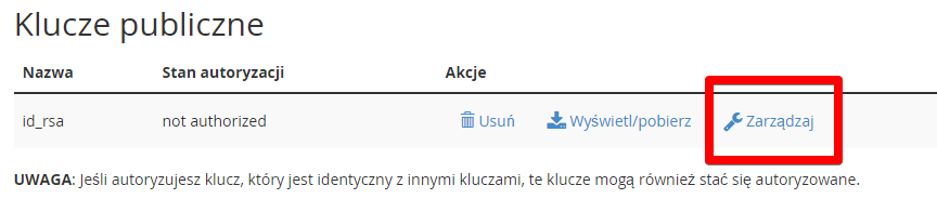 cpanel lista kluczy ssh