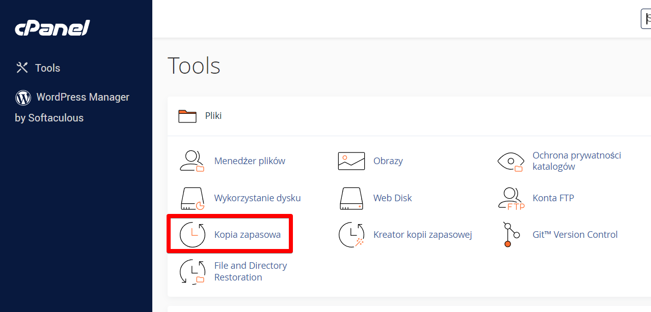 panel klienta Kopie zapasowe cPanel