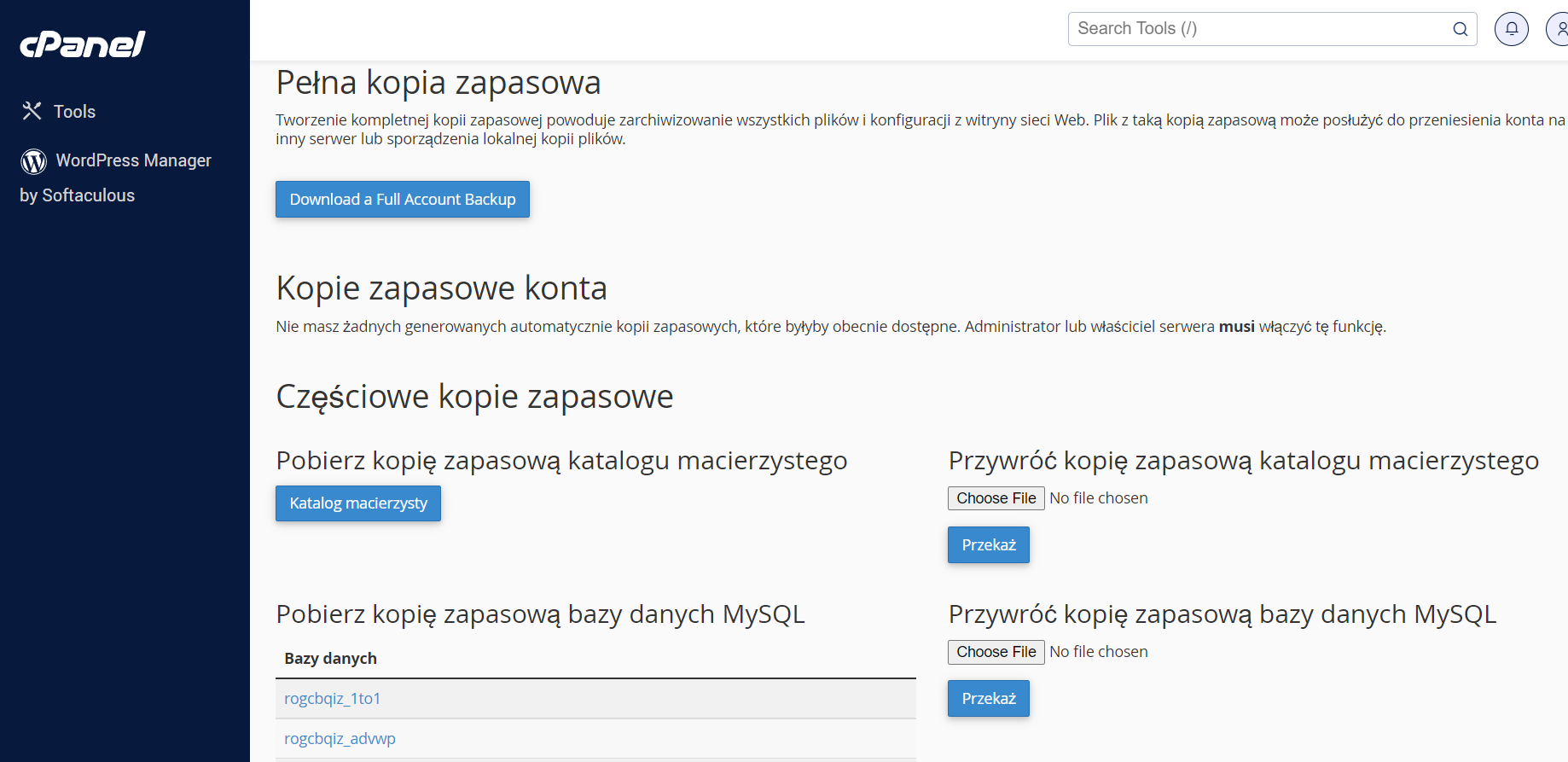 panel klienta generacja kopii zapasowej