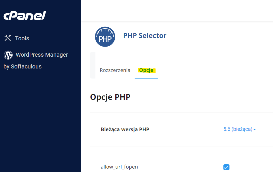 cPanel - Opcje PHP