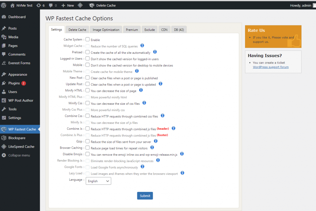 WP Fastest Cache Settings