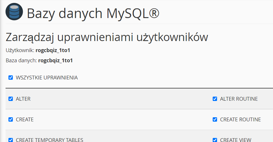 cpanel uprawnienia bazy danych