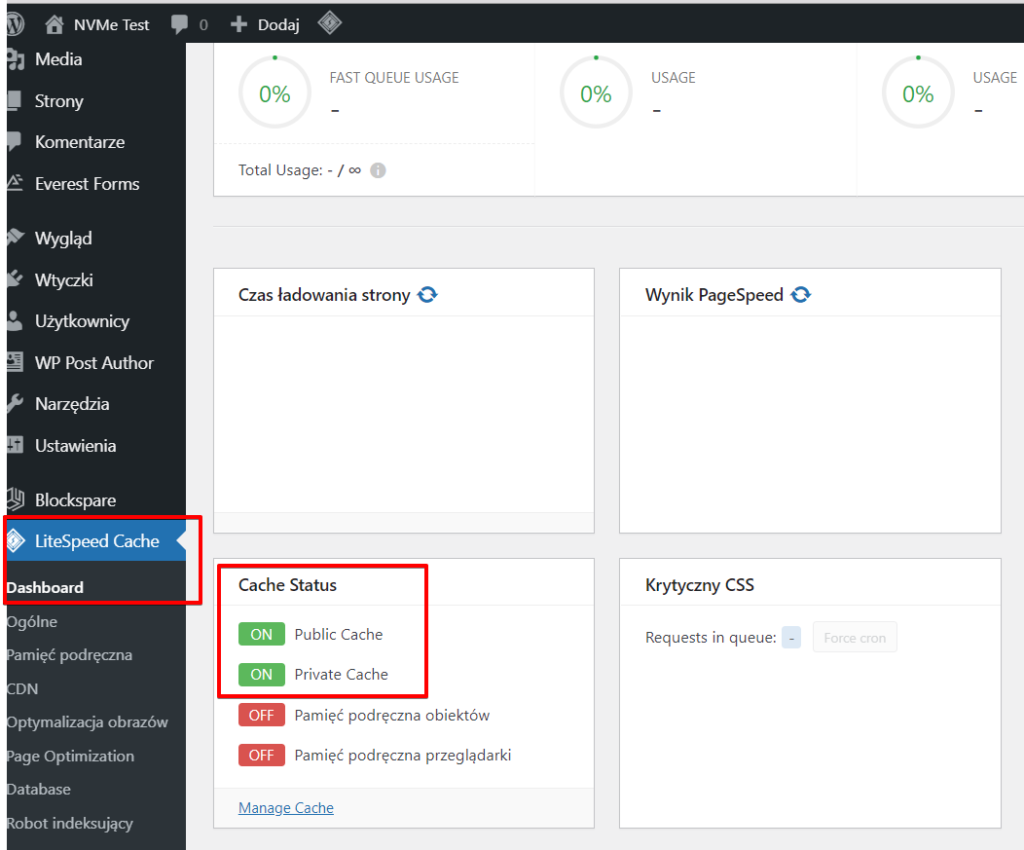 Status Litespeed Cache w WordPress