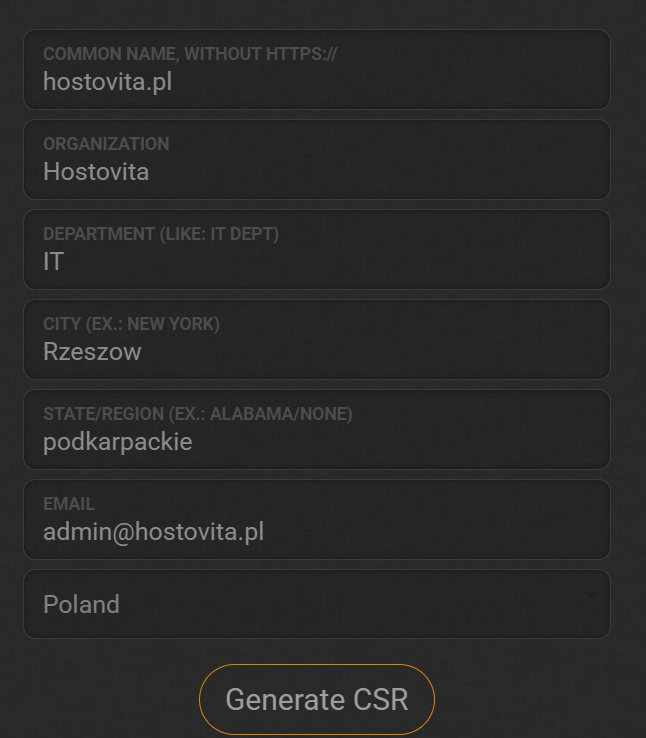 formularz do generowania CSR